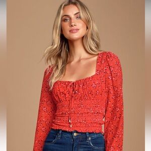Free People Lolita Red Floral Ruffled Crop Top